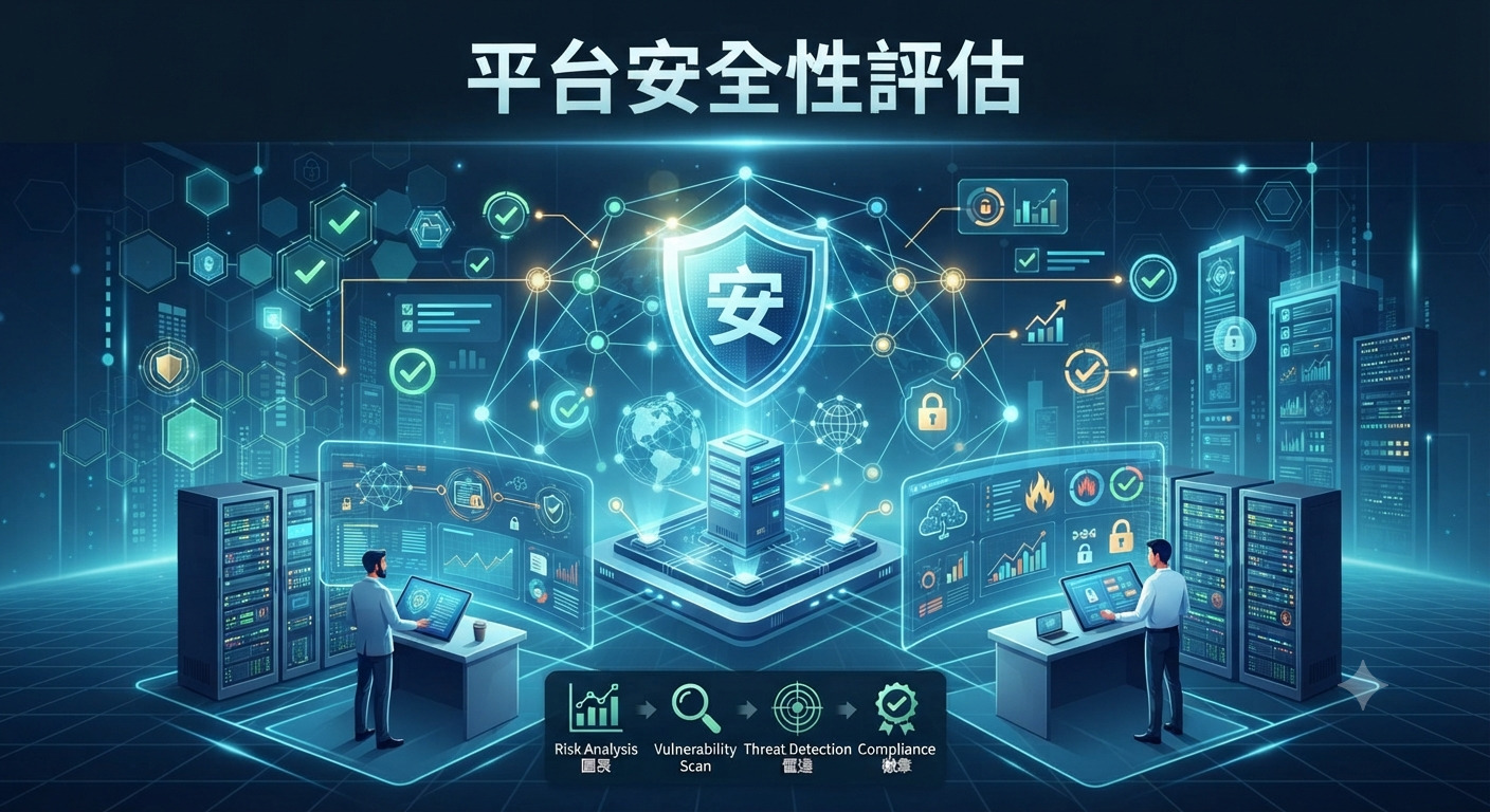 這張圖片展示了專業人員正在進行平台安全性評估,背景融合了數據中心與高科技監控介面。 畫面頂部中央標註「平台安全性評估」,並透過科技感圖示呈現風險分析、弱點掃描及威脅檢測等安全流程。
