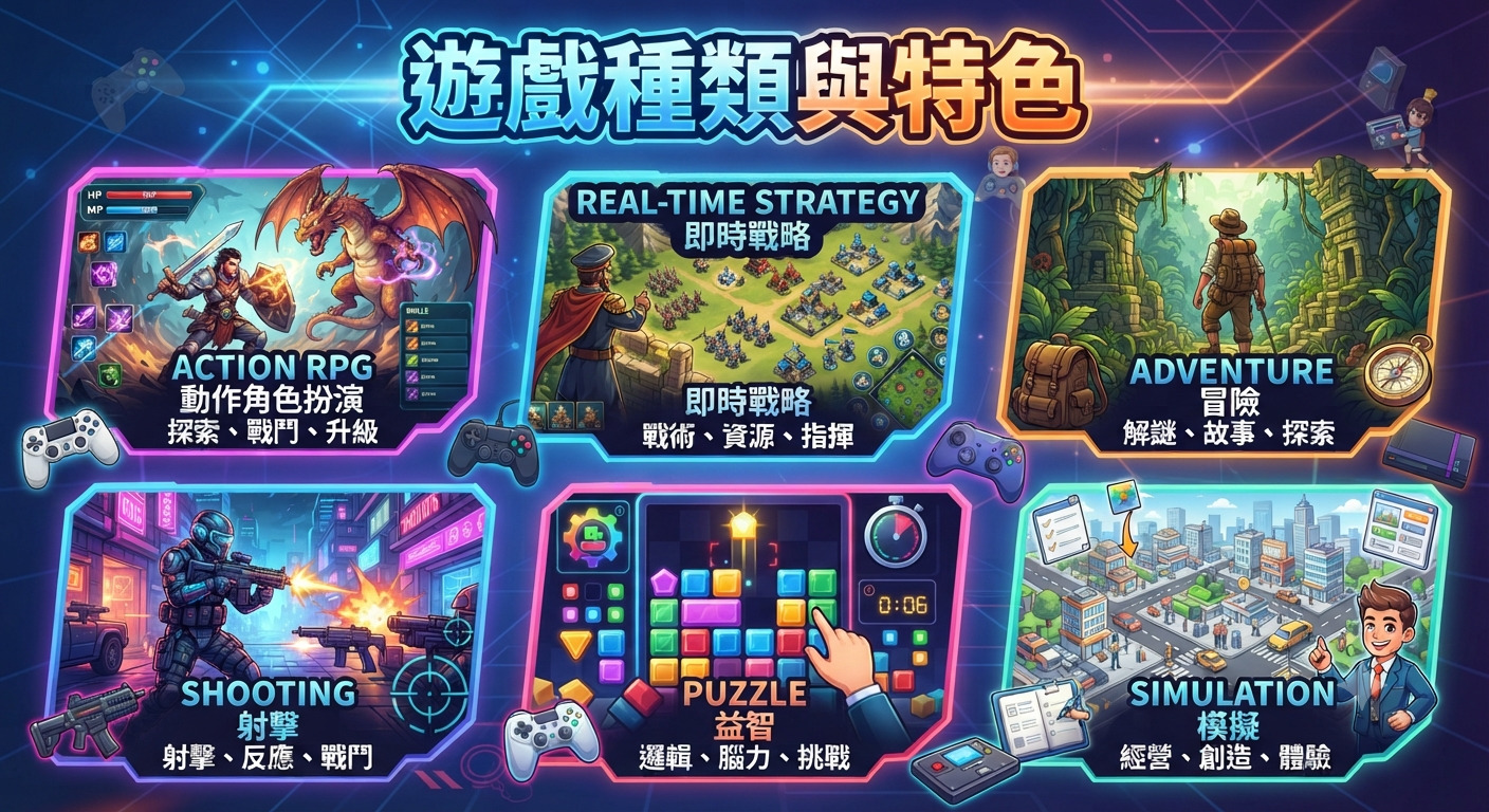 這張圖片展示了六種不同類型的遊戲,包含動作角色扮演、即時戰略、冒險、射擊、益智與模擬遊戲。 透過鮮明的視覺風格與對應的遊戲場景,清晰呈現出各類遊戲的核心特色與玩法。