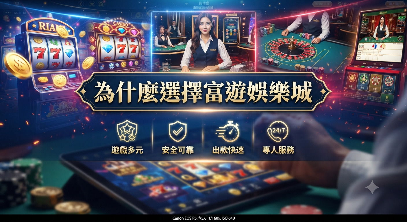 這張圖片展示了富遊娛樂城的專業形象，背景結合了老虎機與真人荷官賭桌的奢華場景。 畫面中央醒目地呈現「為什麼選擇富遊娛樂城」的標題，下方則以圖示簡潔列出遊戲多元、安全可靠、出款快速及專人服務等核心優勢。