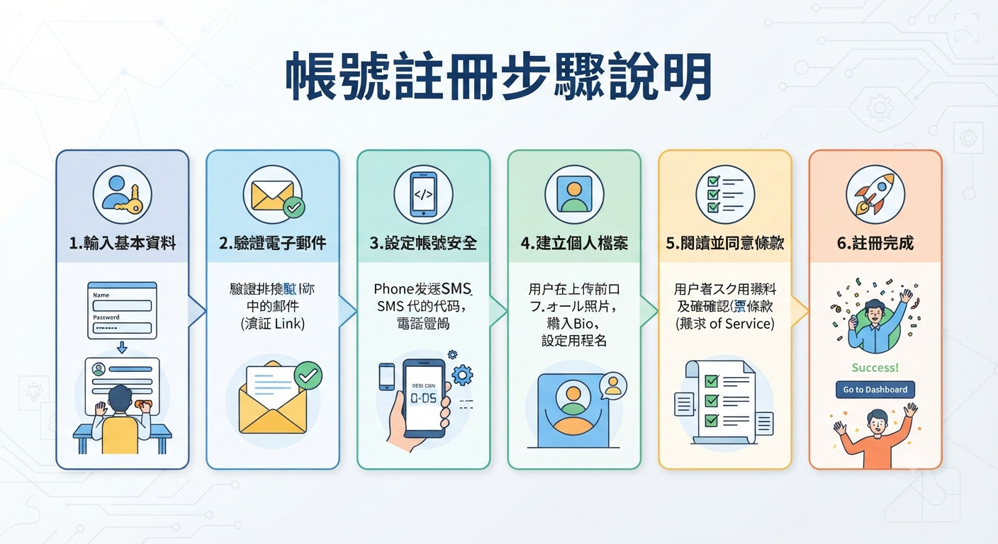 這是一張說明「帳號註冊步驟說明」的資訊圖表,包含六個步驟的圖示與說明流程。 整體設計簡潔明瞭,透過視覺化的圖標引導使用者順利完成帳號註冊。