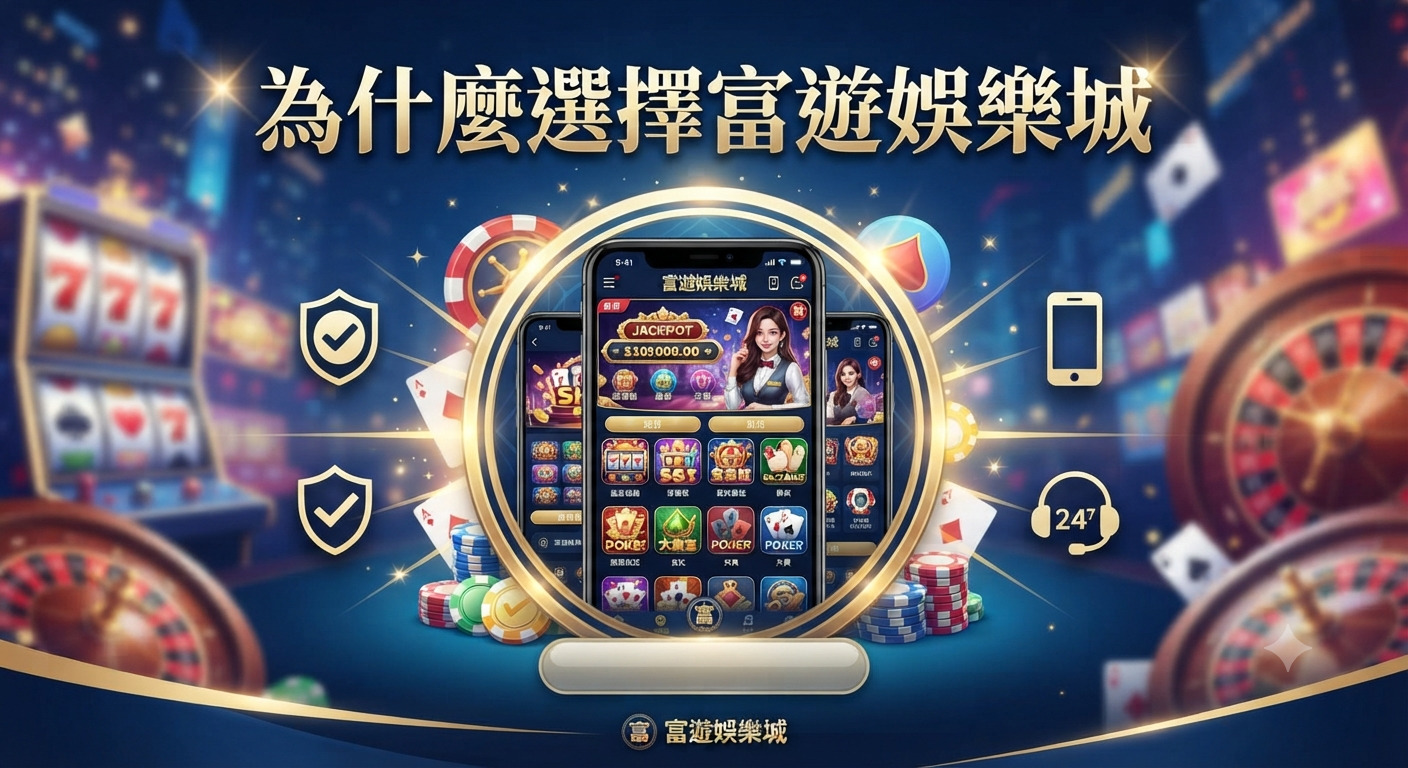 這張圖片展示了富遊娛樂城的介面,強調了其作為線上娛樂平台的專業與現代感。 整體設計以奢華的藍金色調為主,突顯手機應用程式的便利性與豐富的遊戲選擇。