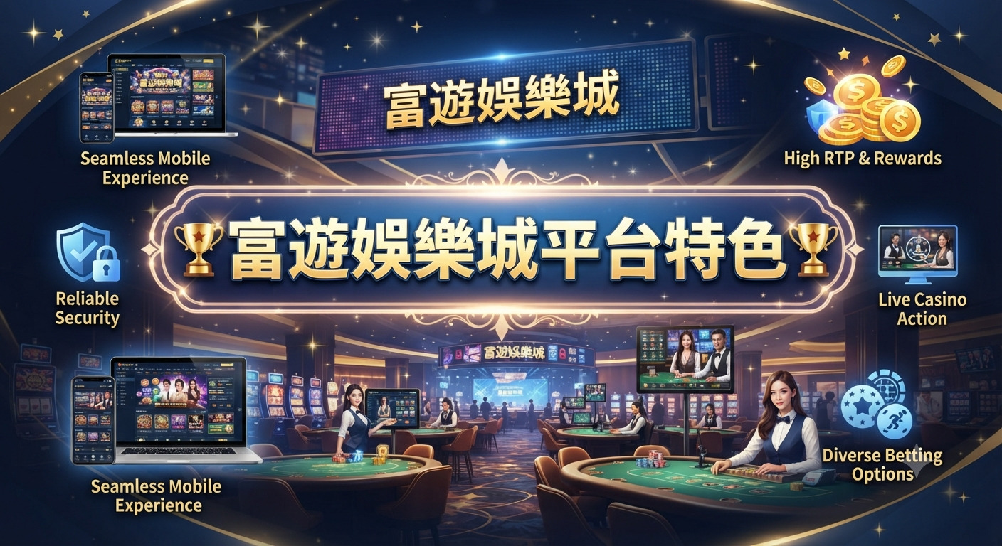 這張圖片展示了「富遊娛樂城平台特色」的豪華賭場背景，呈現了線上娛樂城的專業與高端氛圍。 畫面中融入了行動裝置介面、真人荷官互動及多樣化博弈選項，強調其平台安全可靠且具備高回報的特色。
