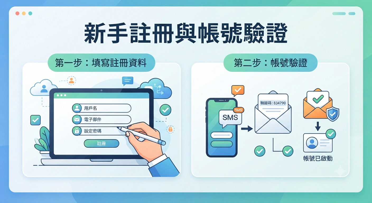 這張圖片展示了新手註冊與帳號驗證的流程，設計簡潔且易於理解。 透過視覺化的步驟說明，清晰呈現了填寫註冊資料與後續驗證的操作方式。