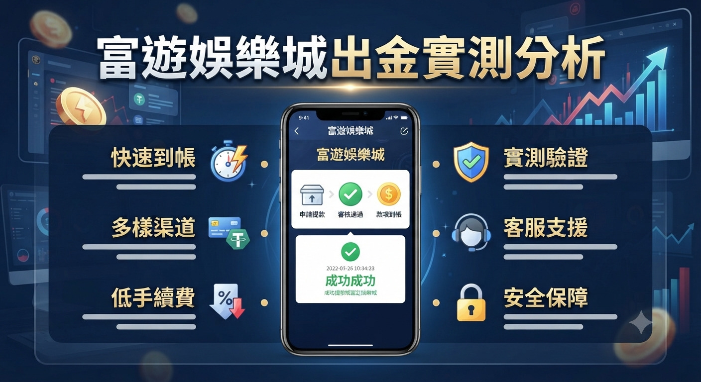 這張圖片以專業的深藍色科技風格呈現「富遊娛樂城出金實測分析」,透過數據圖表與手機提款介面強調出金流程的安全性與高效率。 畫面構圖清晰,明確展示了平台出金的速度、多樣化渠道及可靠的支援服務,整體風格具備現代感與說服力。