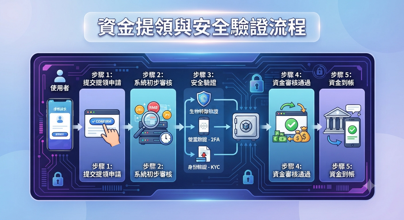 這張圖片呈現了「資金提領與安全驗證流程」的專業資訊圖表,以科技感風格展示了從申請到到帳的五個安全性步驟。 畫面透過清晰的流程設計與圖示,直觀地說明了包含生物特徵、雙重驗證及身分核對在內的嚴謹資金保護機制。