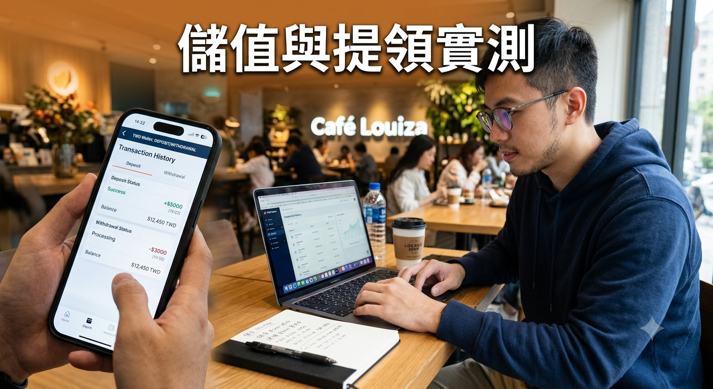 這張照片描繪了一位男子在咖啡廳使用手機進行儲值與提領操作的實測場景。 畫面展示了他專注於數位帳戶交易,並在筆記本上記錄相關數據的過程。