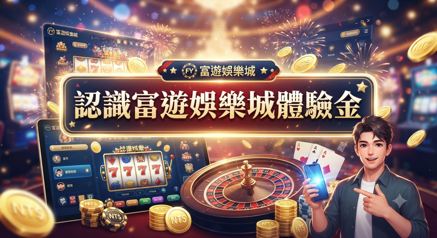 這是一張以「認識富遊娛樂城體驗金」為標題的促銷宣傳圖,畫面中結合了老虎機、輪盤與籌碼等賭場元素,並由一位年輕男子引導,營造出活潑且充滿博弈遊戲氛圍的視覺效果。