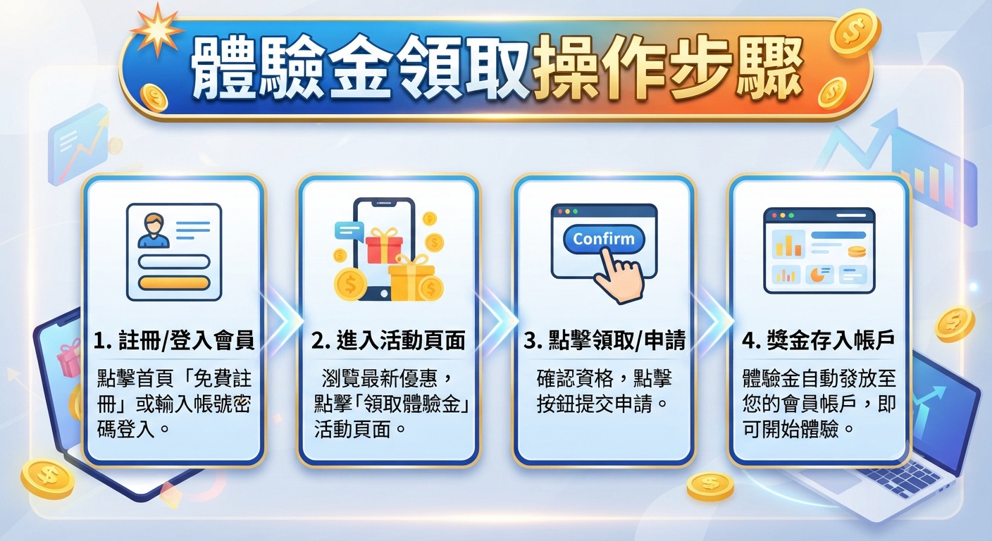 這是一張展示「體驗金領取操作步驟」的流程資訊圖。 圖中包含四個明確的步驟圖示,引導使用者從註冊登入到領取獎金的過程。