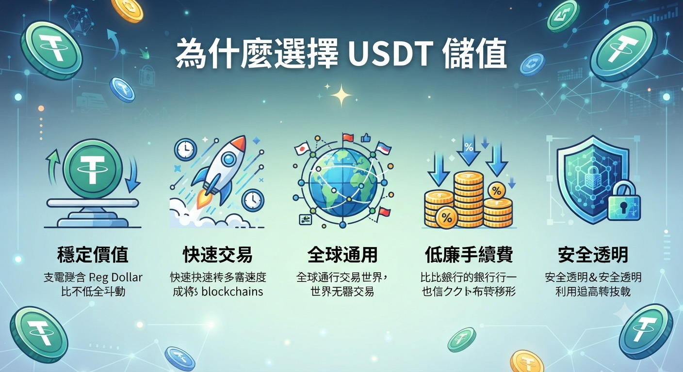 這張圖片以「為什麼選擇 USDT 儲值」為標題，展示了 USDT 的核心優勢，包括穩定價值、快速交易、全球通用、低廉手續費及安全透明。 設計風格簡潔專業，透過圖像化的圖標傳達出數位資產高效、安全且便捷的特點。