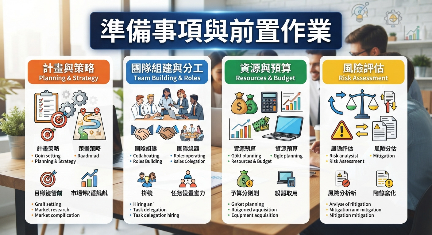這是一張說明「準備事項與前置作業」的商務簡報風格圖,將計畫、團隊、資源與風險評估分為四大領域。 圖像透過圖示化列表呈現各項作業重點,展現企業啟動專案時所需的結構化規劃與準備流程。