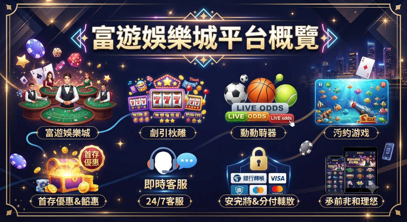 這是一張富遊娛樂城的平台概覽圖,以深藍色調呈現專業的線上博弈氛圍。 圖中展示了各式熱門遊戲、24/7 客服支援及多樣化的存款交易方式。