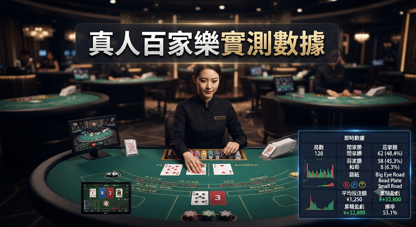 這是一張真人百家樂賭桌的實景畫面,桌面上展示著實時遊戲數據與統計分析。 中央有一位專業荷官,上方則顯眼地標註著「真人百家樂實測數據」的標題。
