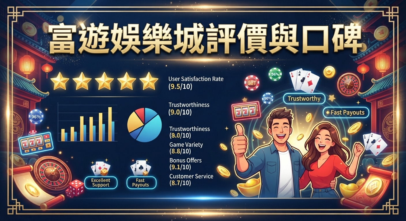 這張圖片展示了「富遊娛樂城」的正面評價與口碑，透過星級評分、圖表與數據呈現其在遊戲種類、支付速度及客服等方面的優勢。 圖像以喜慶的節慶風格為背景，融入了賭場元素與快樂的用戶形象，整體設計專業且具有吸引力。