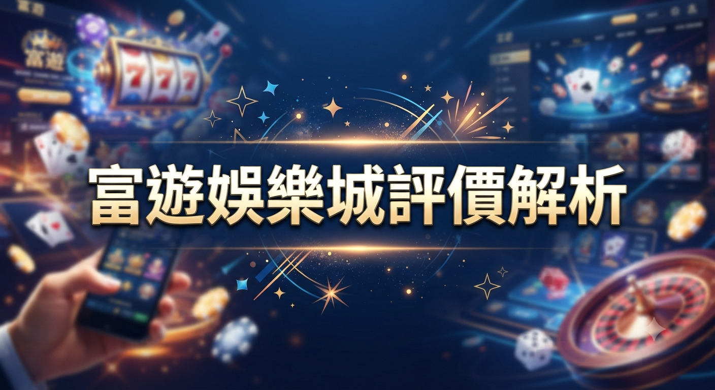 這是一張以「富遊娛樂城評價解析」為主題的科技感設計圖片,背景融合了老虎機、籌碼與輪盤等線上博弈元素,呈現出專業且動感的氛圍。 圖片中央以醒目的金色字體標示出主題,整體風格極具現代娛樂城的視覺吸引力。