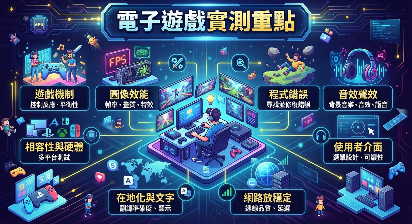這是一張描繪電子遊戲測試重點的資訊圖表,中心展示了一位正在進行遊戲開發測試的技術人員。 四周環繞著多個標註點,涵蓋了圖形效能、遊戲機制、音效、相容性及在地化等多項專業測試領域。