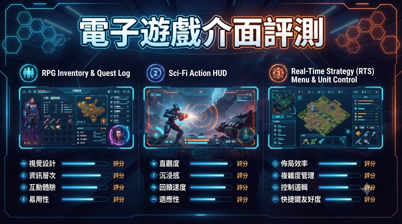 這是一張展示電子遊戲介面評測分析的設計圖,整合了角色扮演、射擊與即時戰略遊戲的介面風格。 透過結構化的視覺佈局與評分圖表,清晰呈現出各類遊戲介面在設計直觀度與功能性上的專業評估。