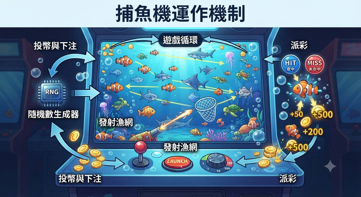 這是一張展示大型電子遊戲機台運作機制的圖解,畫面中央為充滿海洋生物與發射網具的遊戲螢幕畫面。 上方清晰標示著主題「捕魚機運作機制」,周圍則以圖示環繞說明投幣、隨機數生成器與派彩等遊戲流程。