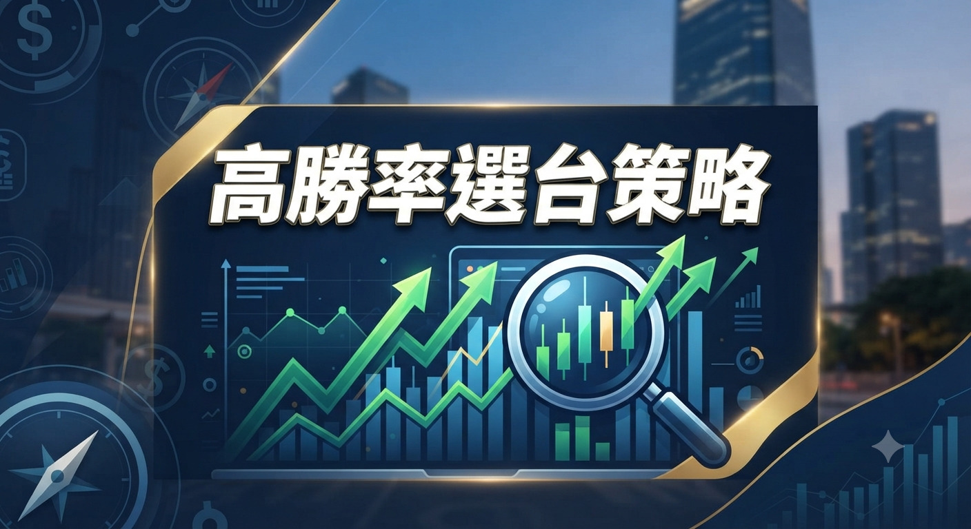 圖片以專業的深藍色與金色為主調,背景融入了金融圖表與城市天際線。 畫面正上方清晰顯示著「高勝率選台策略」的大標題,突顯出高效的投資與選股主題。