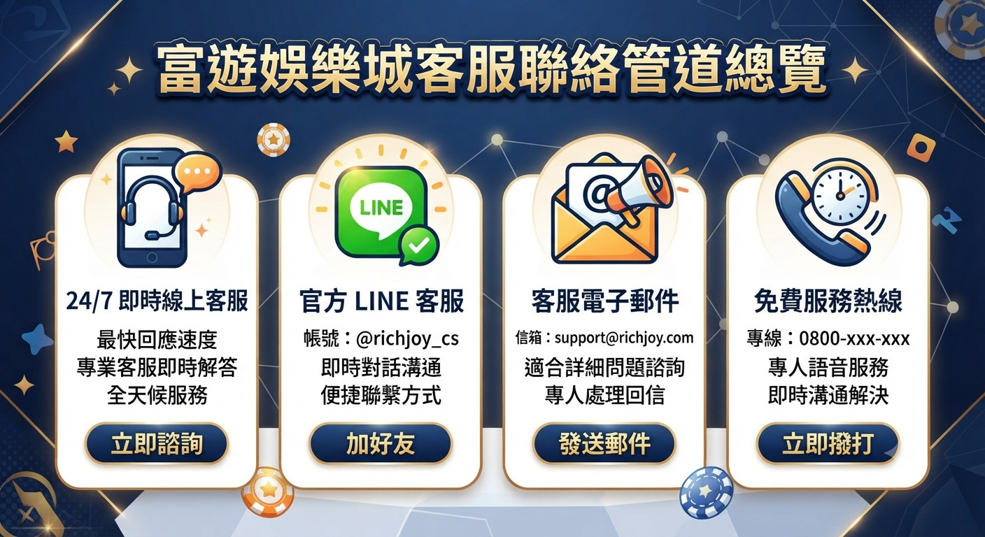 這是一張富遊娛樂城客服聯絡管道總覽的資訊圖表,採用深藍色背景並搭配四大客服管道的圖示。 圖中清楚展示了 24/7 線上客服、官方 LINE 客服、客服電子郵件以及免費服務熱線的詳細資訊。