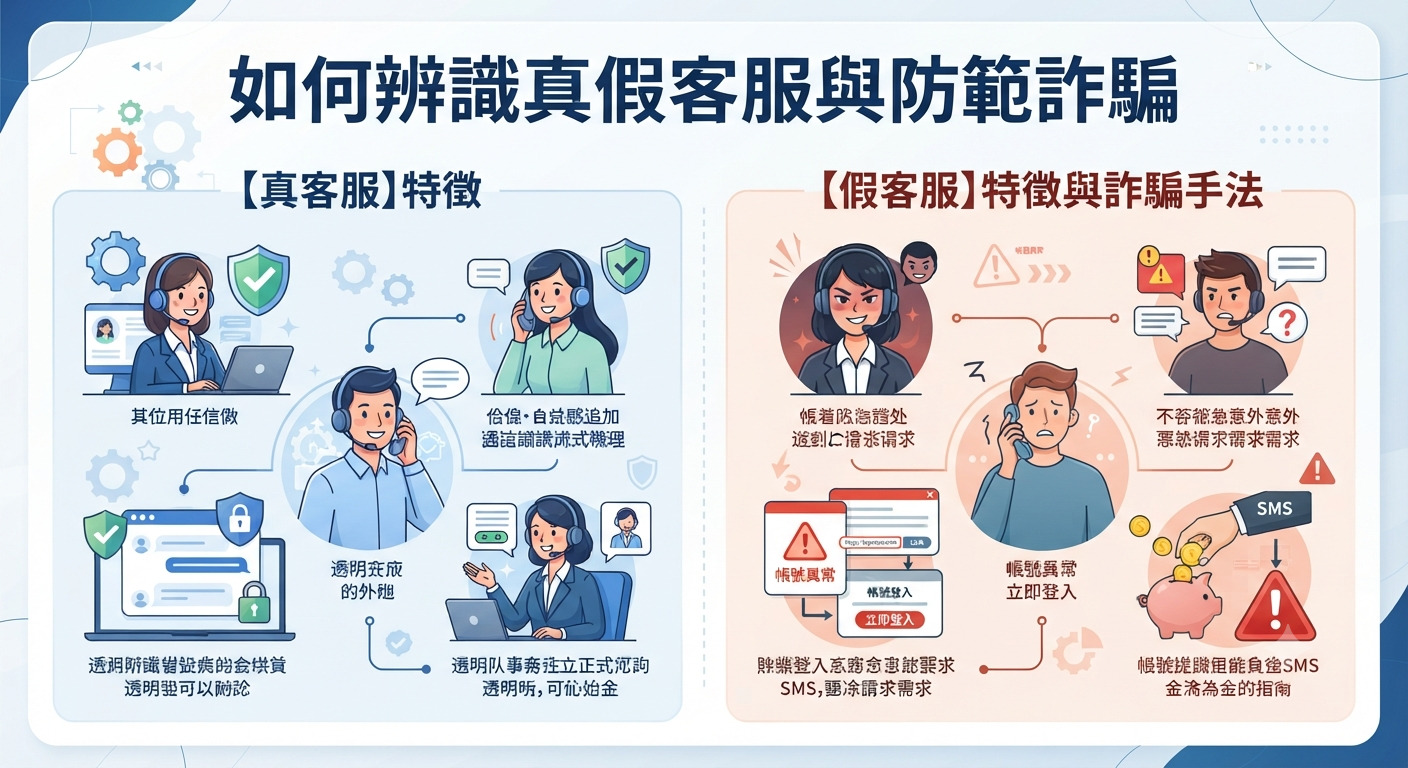 這張圖片的主題是「如何辨識真假客服與防範詐騙」,透過對比圖文展示了真假客服的特徵與常見手法。 畫面設計清晰,旨在幫助使用者提高警覺並防範網路詐騙。