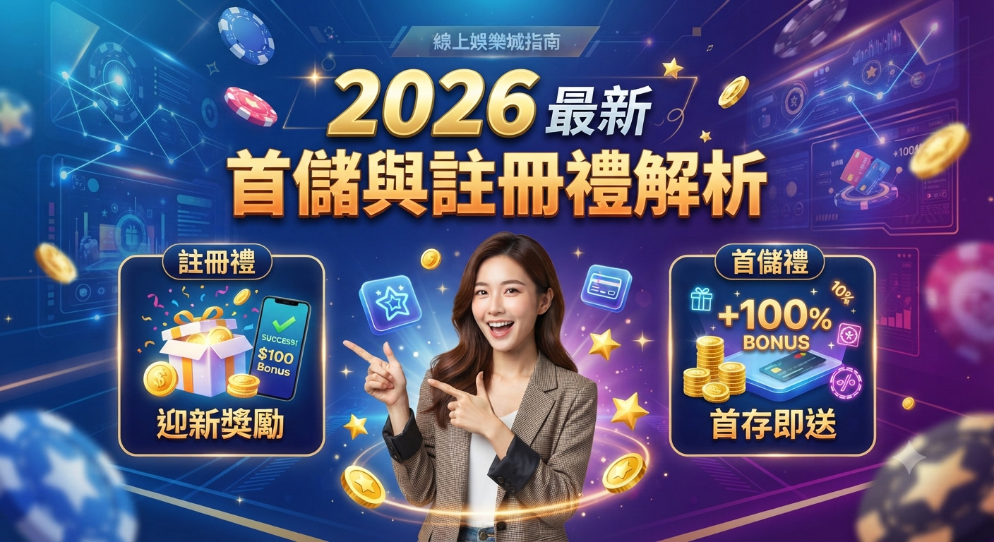這是一張以「2026最新首儲與註冊禮解析」為主題的精緻宣傳圖,畫面中一位專業女性形象向觀眾展示註冊迎新獎勵與首存優惠的資訊。 背景採用科技感十足的深藍色調,搭配金幣、娛樂城籌碼與豐富的獎勵視覺元素,營造出吸引人的數位行銷氛圍。