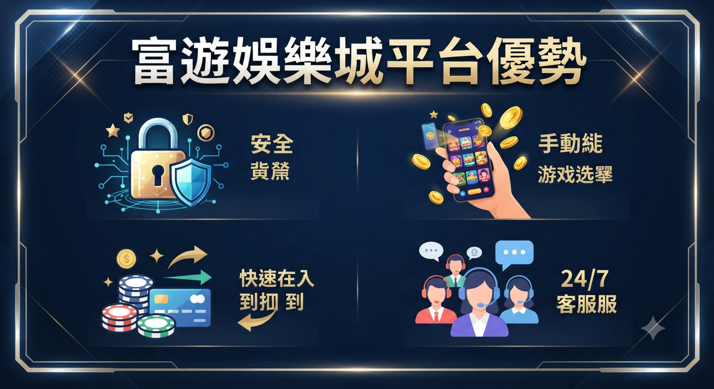 這張圖片以深藍色科技感風格呈現「富遊娛樂城平台優勢」的主標題。 畫面透過四個圖示區塊，分別象徵平台在安全保障、多元遊戲、快速存取款及全天候客服方面的核心競爭力。