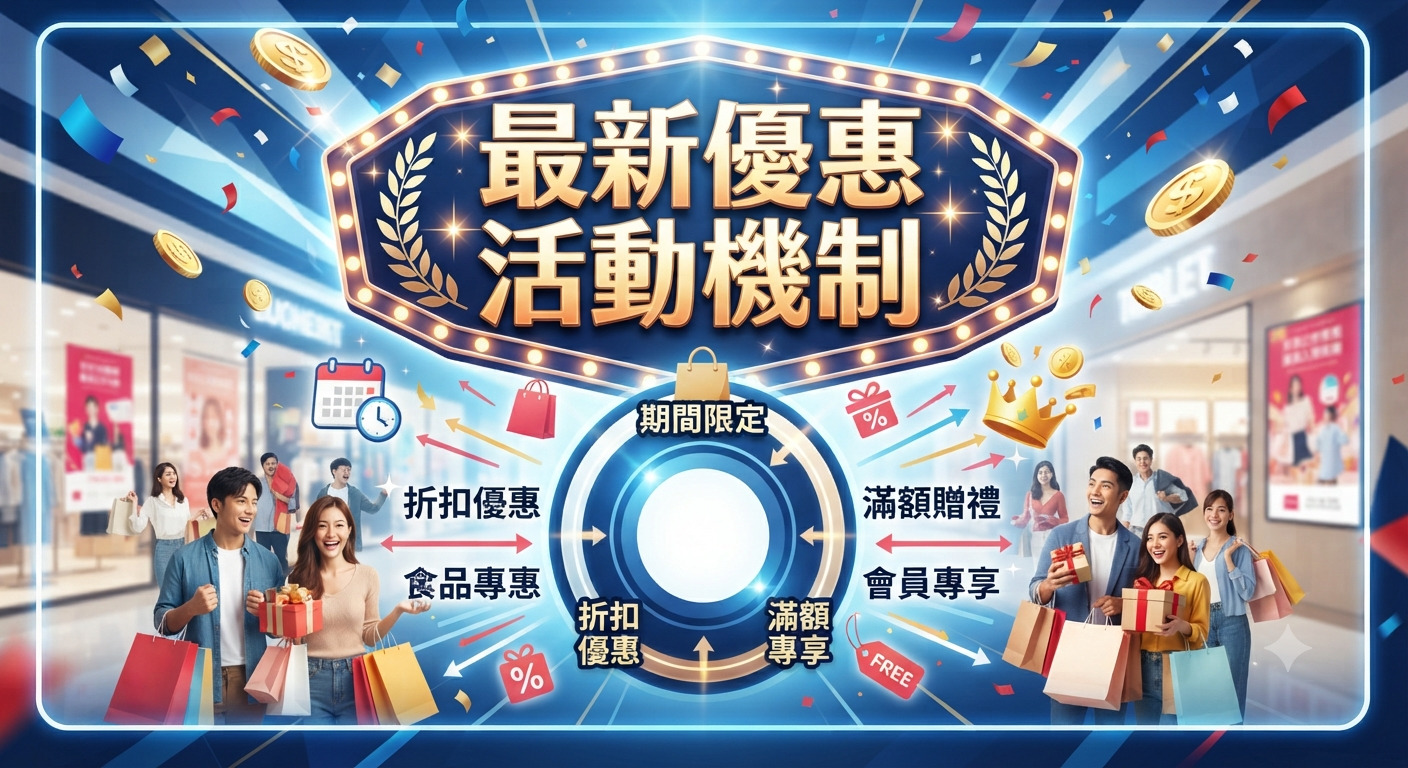 這是一張以「最新優惠活動機制」為主題的行銷宣傳圖,設計風格活潑且充滿購物氛圍。 畫面中央展示了豐富的促銷資訊與購物元素,營造出吸引消費者參與的熱鬧場景。