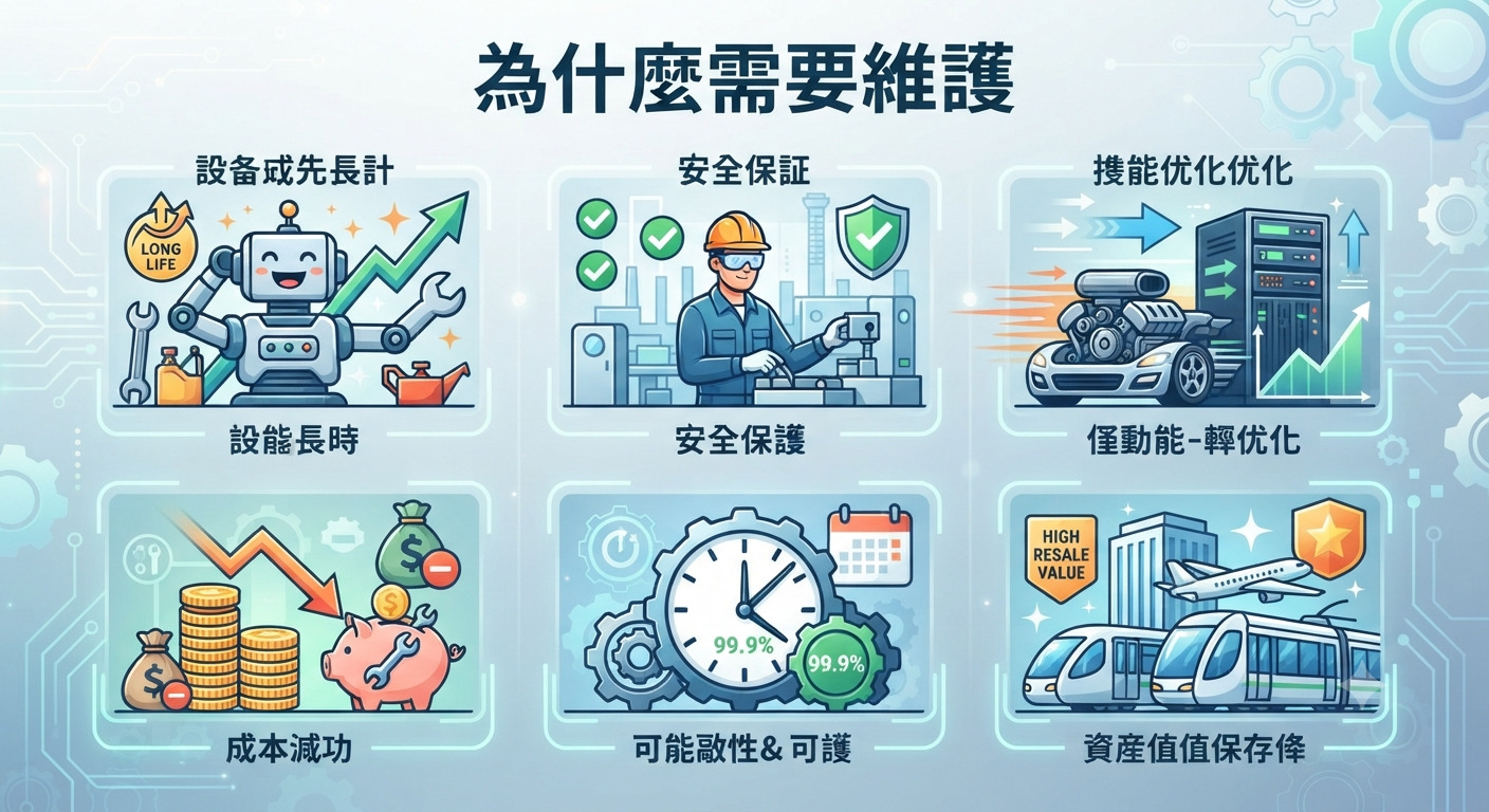 這張圖片展示了維護設備的重要性，並以六個核心領域來說明其帶來的益處。 透過定期維護，不僅能確保系統運作的安全性與效率，更能有效降低長期成本並提升資產價值。