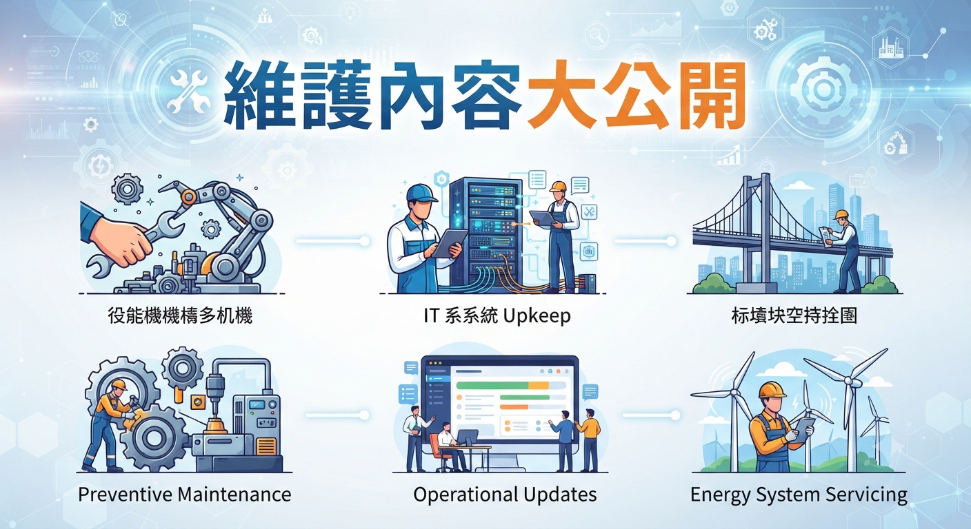 這張圖片展示了各種工業與技術維護場景,標題為「維護內容大公開」。 圖片透過六個場景圖示,清晰呈現了從機械修復、IT 系統維護到能源設施檢修的專業作業流程。