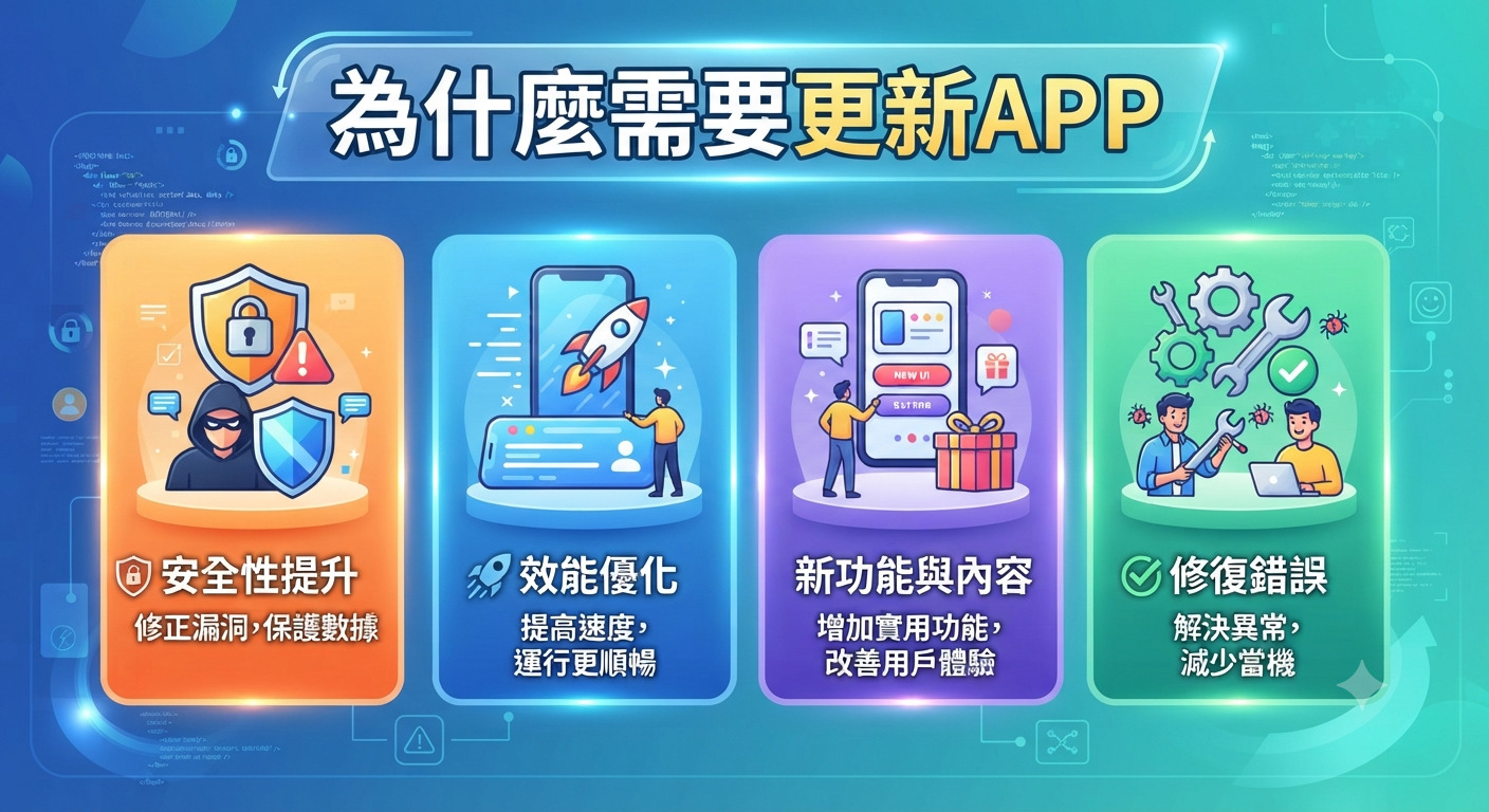 這張圖表的主標題為「為什麼需要更新APP」，並以四個彩色區塊列出更新的重要性。 圖中分別以圖示與簡短文字說明了安全性提升、效能優化、新功能新增以及修復錯誤等核心價值。