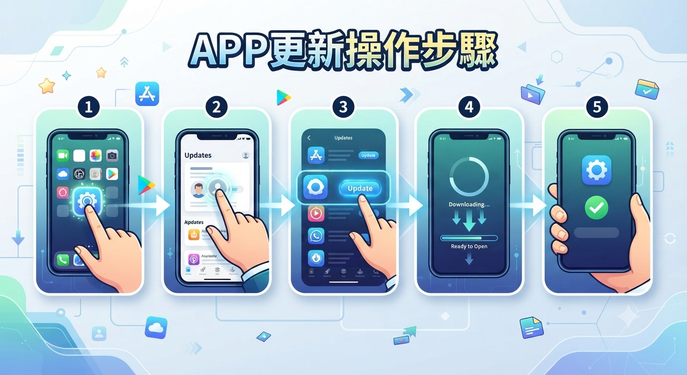 這張圖片展示了更新應用程式的五個操作步驟，並在頂部標註了清晰的標題。 整體設計採用現代簡約風格，透過手機介面演示與數字引導，讓使用者能直觀地了解更新流程。