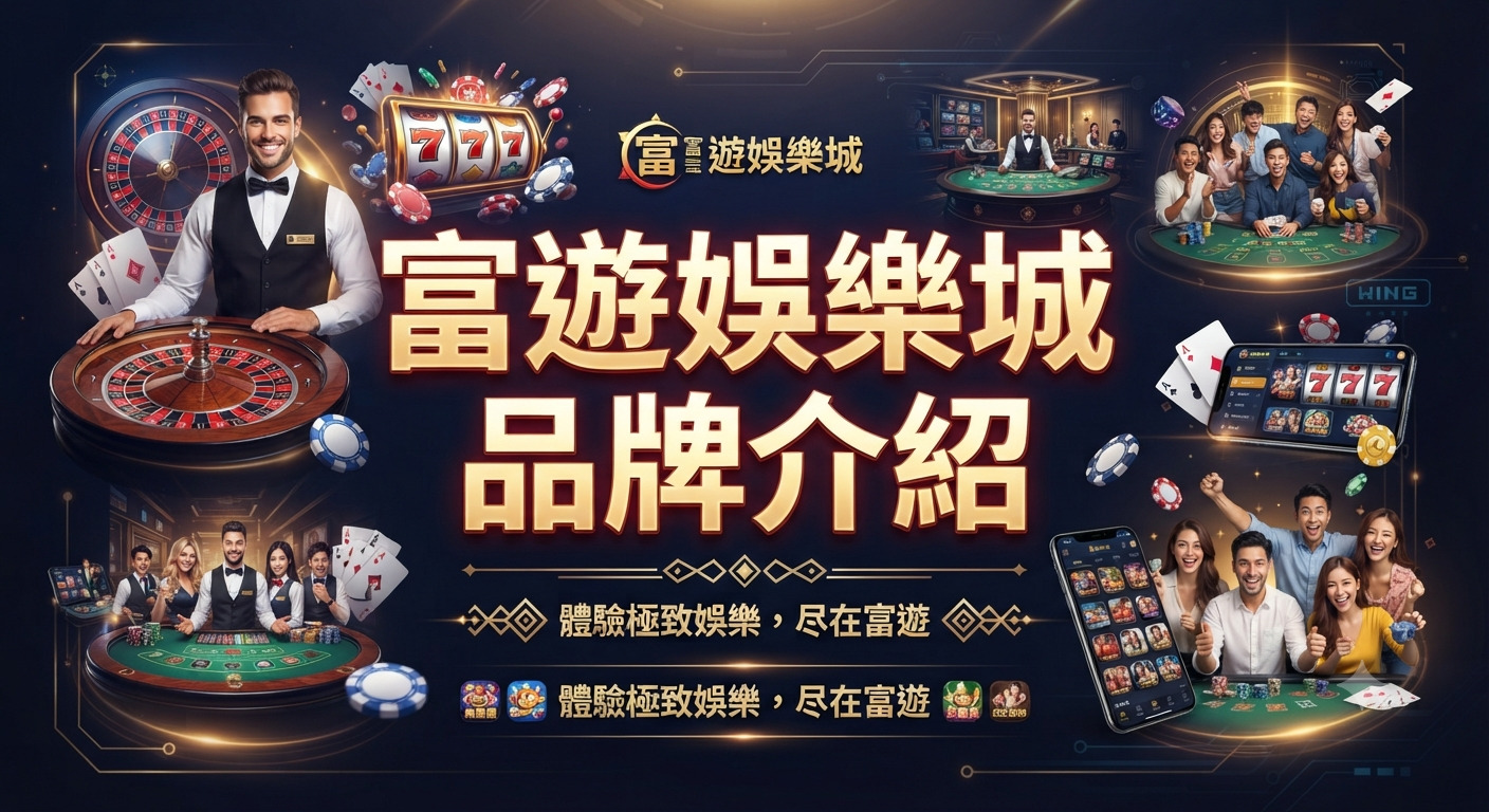 這是一張以「富遊娛樂城品牌介紹」為主題的精美宣傳圖，畫面中結合了專業荷官、精緻賭桌及各類熱門博弈遊戲元素。 整體設計採用深色系質感背景，搭配亮眼的主標題文字，展現出高端、專業且充滿娛樂感的品牌形象。