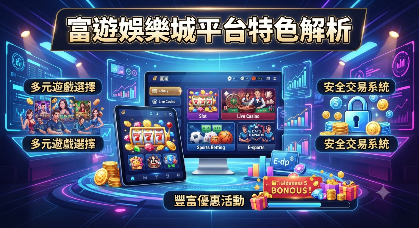 這是一張以「富遊娛樂城平台特色解析」為標題的科技感風格宣傳圖，畫面中展示了包含老虎機、真人娛樂及運動博弈等多樣化遊戲介面。 整體設計採用藍紫色冷光科技視覺，輔以安全交易系統圖示與優惠活動區塊，呈現出專業且現代化的博弈娛樂平台氛圍。