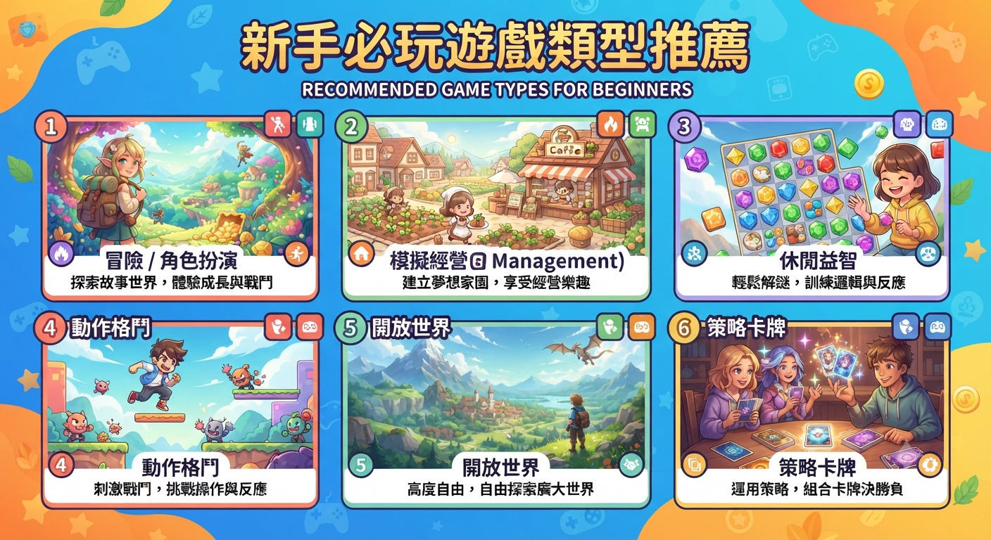 這張圖片以鮮明的色彩展示了六種適合新手的遊戲類型,並以「新手必玩遊戲類型推薦」作為醒目標題。 每個版塊皆透過精緻的插畫與簡短文字,生動呈現了各類遊戲的核心特色,幫助入門玩家快速了解並選擇喜愛的遊玩風格。