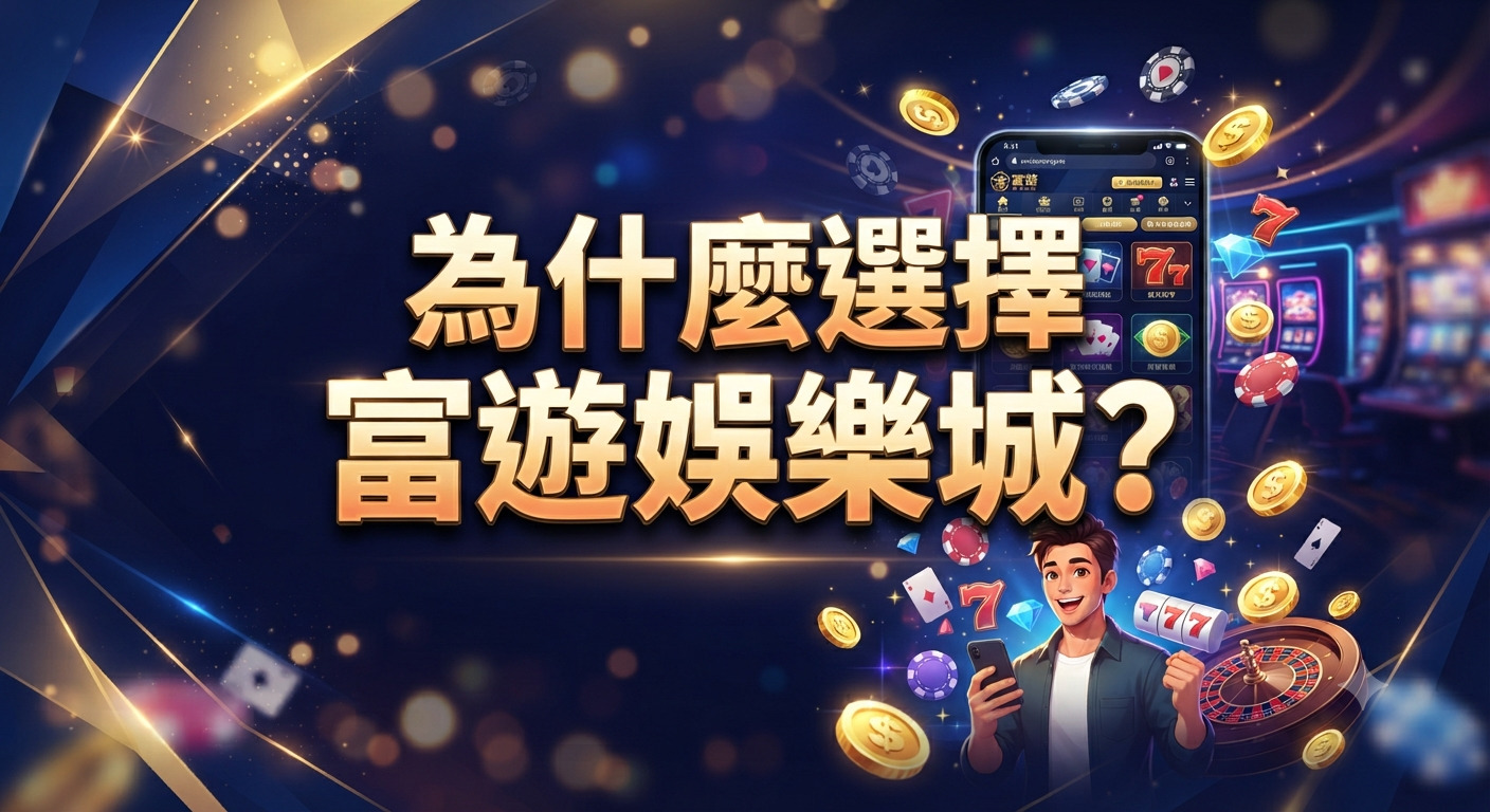 這是一張以「為什麼選擇富遊娛樂城？」為主題的宣傳圖像，背景結合了充滿科技感的金屬光澤與賭場娛樂元素。 畫面中央展示了一位正在使用手機玩遊戲的興奮玩家，周圍環繞著金幣、籌碼與鑽石，展現出豐富的遊戲體驗與中獎氛圍。