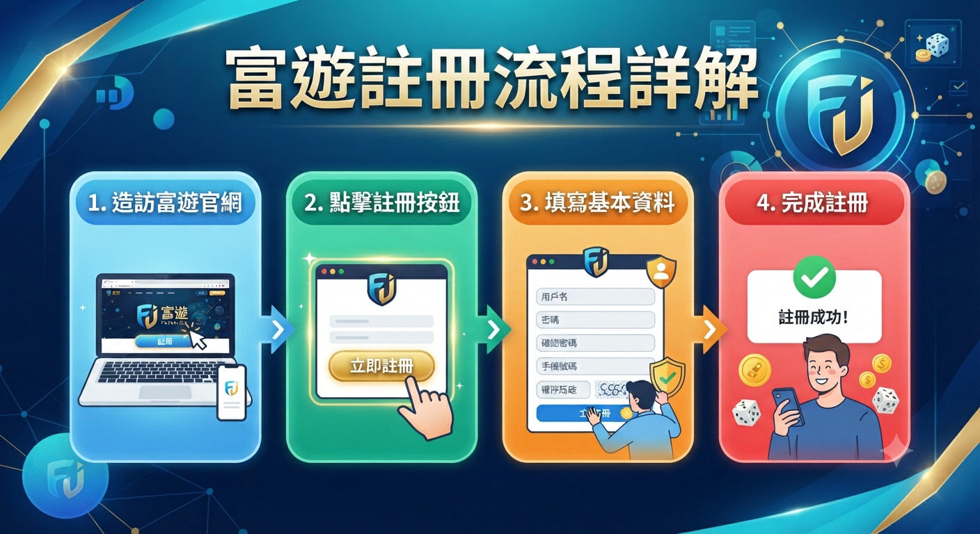 這張圖片以專業的科技風格呈現「富遊註冊流程詳解」,圖中運用四個步驟的流程圖,清楚展示從訪問官網到完成註冊的過程。 整體視覺設計以藍色為基調,搭配簡潔的圖標與文字說明,有效引導使用者快速理解註冊帳號的各個環節。