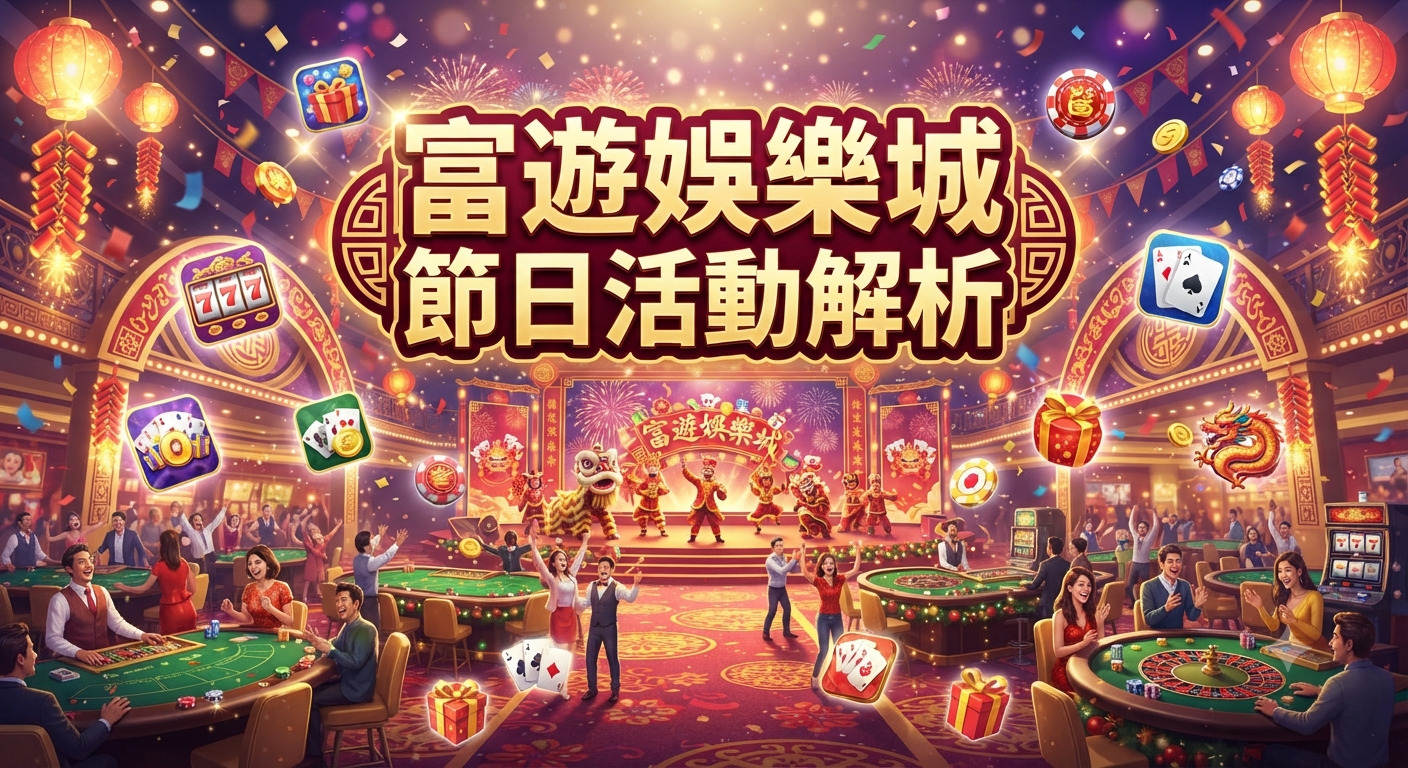 這張圖片展示了充滿節慶氣氛的豪華娛樂城，場景中融合了慶祝活動與博弈元素，主標題「富遊娛樂城節日活動解析」置於畫面正中央。 場內裝飾著燈籠與煙火，人們在牌桌旁盡情遊玩，整體設計呈現出熱鬧喜慶且精緻的視覺效果。