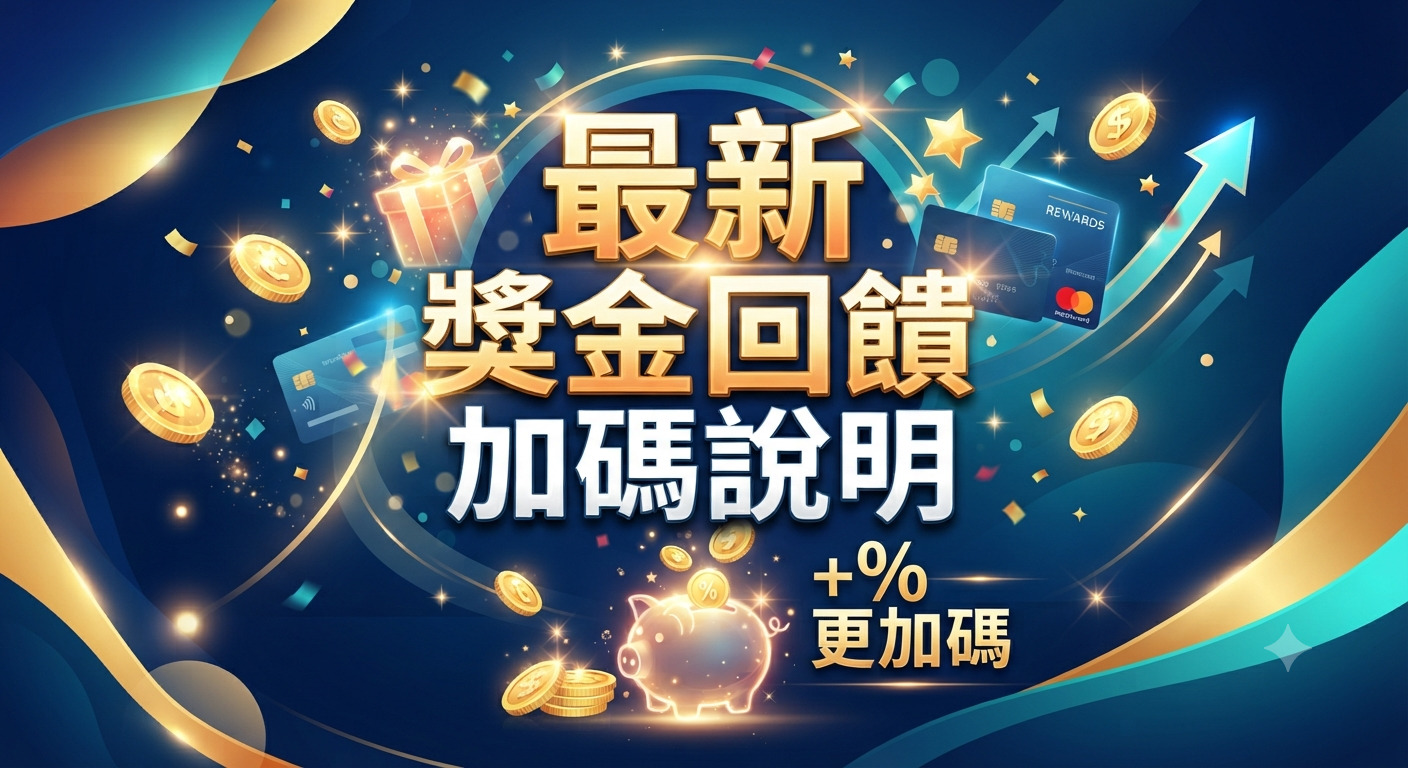 這張圖片以深藍色為背景，中央醒目地呈現「最新獎金回饋加碼說明」大標題，四周點綴著閃耀的金幣、禮物盒與信用卡元素，營造出財富增值的視覺氛圍。 設計整體採用現代金融科技風格，搭配向上箭頭與流線型光影，突顯回饋加碼與經濟成長的動態感。
