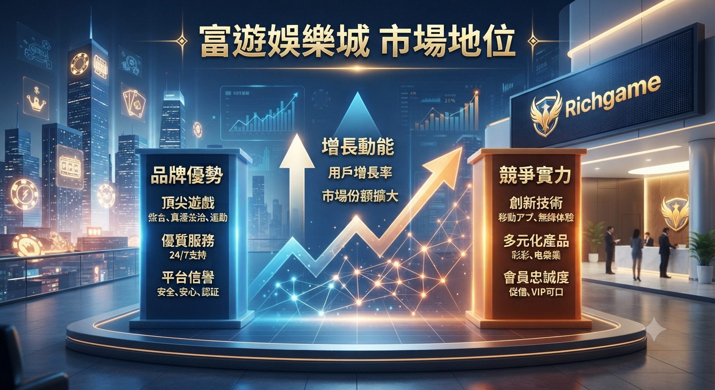這是一張關於「富遊娛樂城市場地位」的商務數據分析圖,畫面中央以成長趨勢圖展現品牌優勢與競爭實力。 背景融合了現代城市科技感與企業發展願景,突顯出該平台在市場中的領先地位與專業形象。