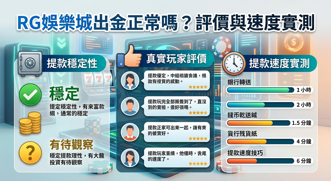 這張圖標題為「RG娛樂城出金正常嗎？評價與速度實測」，畫面呈現藍灰調的現代科技風資訊圖表。 內容劃分為三大板塊：左側顯示提款穩定性與狀態標籤，中間為玩家大頭貼與評價，右側則以進度條展示不同提款管道的速度實測數據。