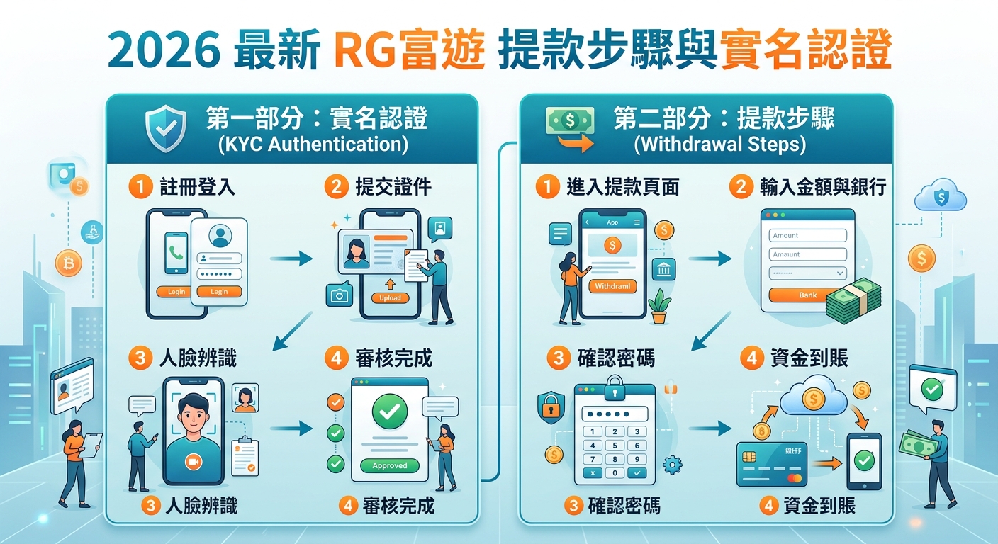 這張圖表以藍綠色為主調,詳細說明了 2026 年最新 RG 富遊的實名認證與提款流程。 畫面劃分為兩大區域,透過清晰的步驟圖示與手機介面,引導用戶完成 KYC 身份驗證與資金提現。