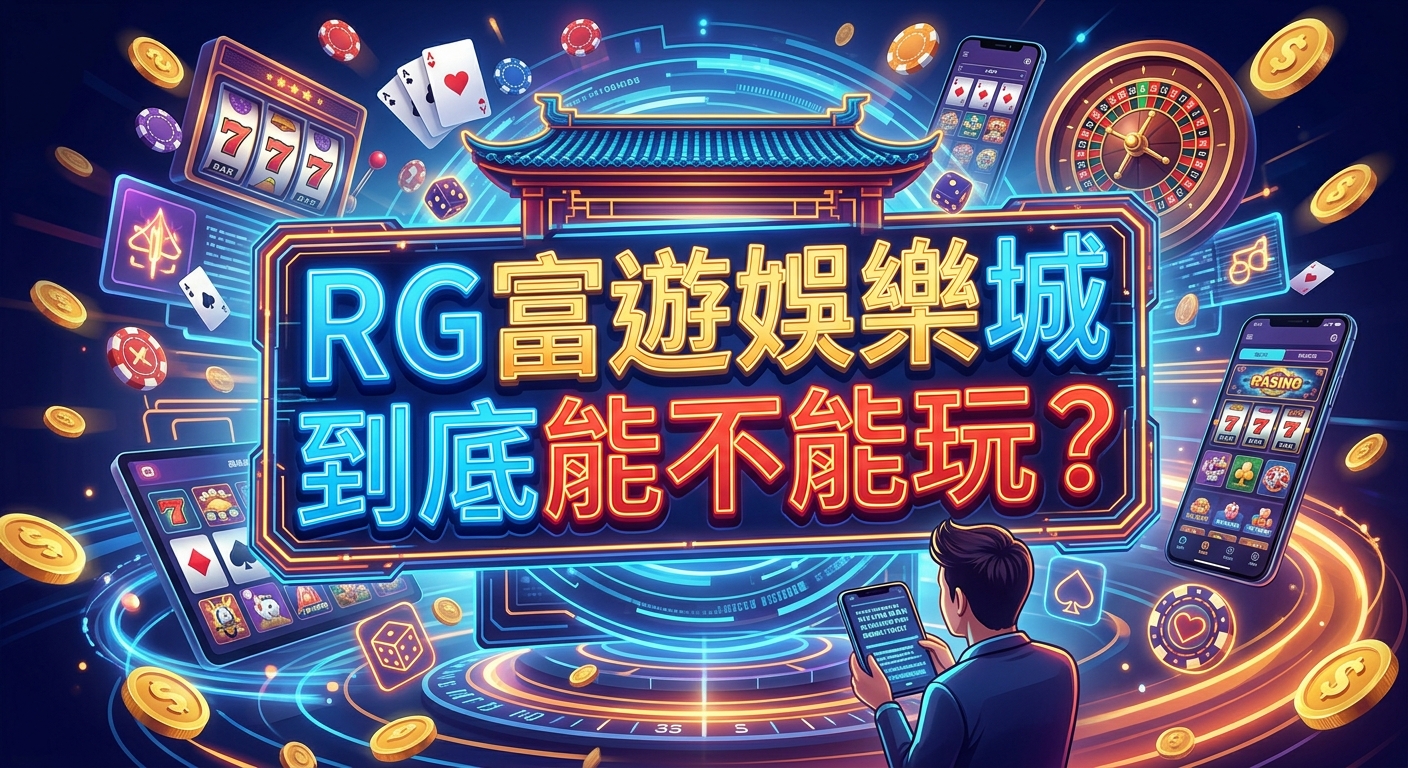 這是一張霓虹風格的數位賭場圖片,畫面中充滿了撲克牌、籌碼、輪盤和老虎機等各種線上博弈元素。 圖片正中央展示了醒目的標題「RG富遊娛樂城到底能不能玩?」,前方則有一名男子背對著畫面專注地看著手機。