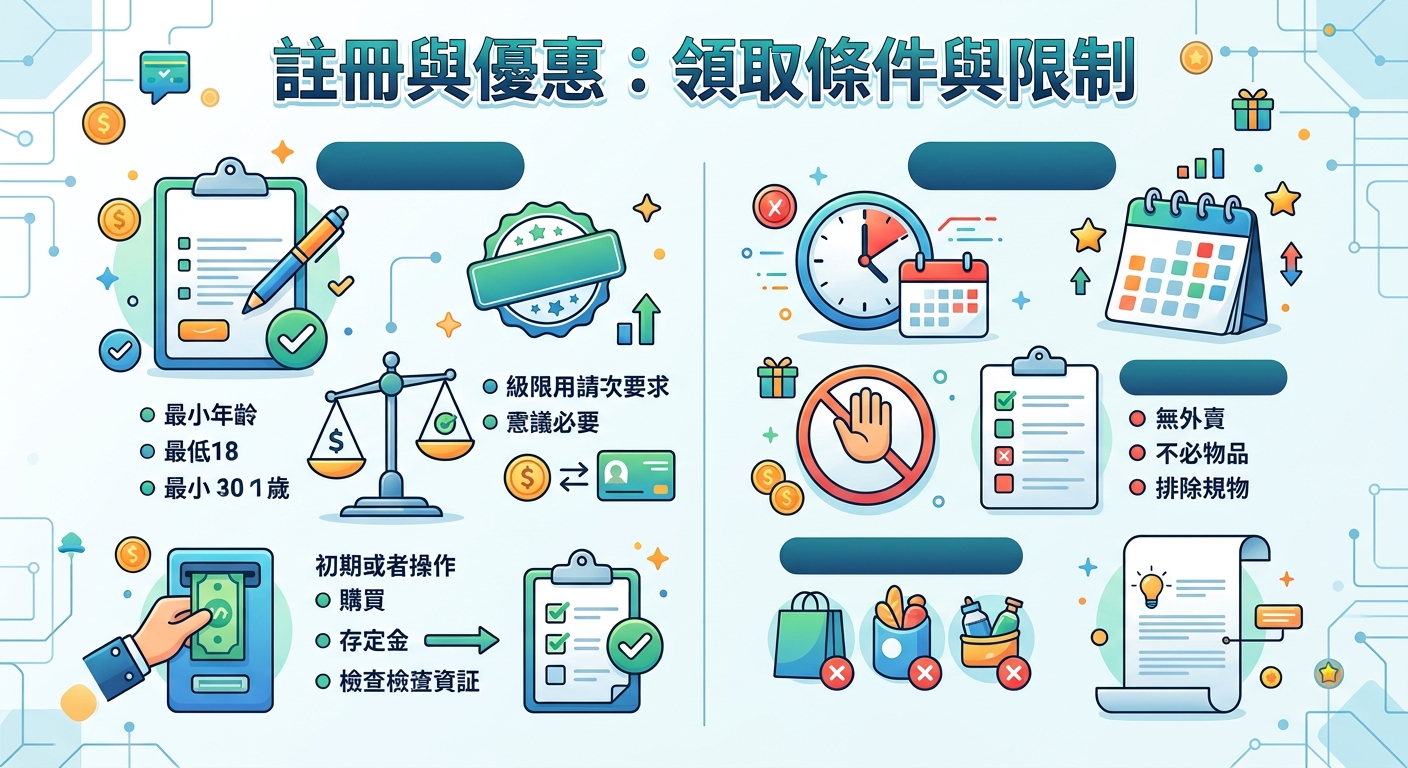 這是一張標題為「註冊與優惠:領取條件與限制」的數位資訊圖表,透過剪貼板、時鐘與天平圖示說明各項規範與年齡限制。 圖中視覺化了申領優惠的具體流程與條件,包含必要的操作步驟、資金存款要求以及不適用的排除項目。